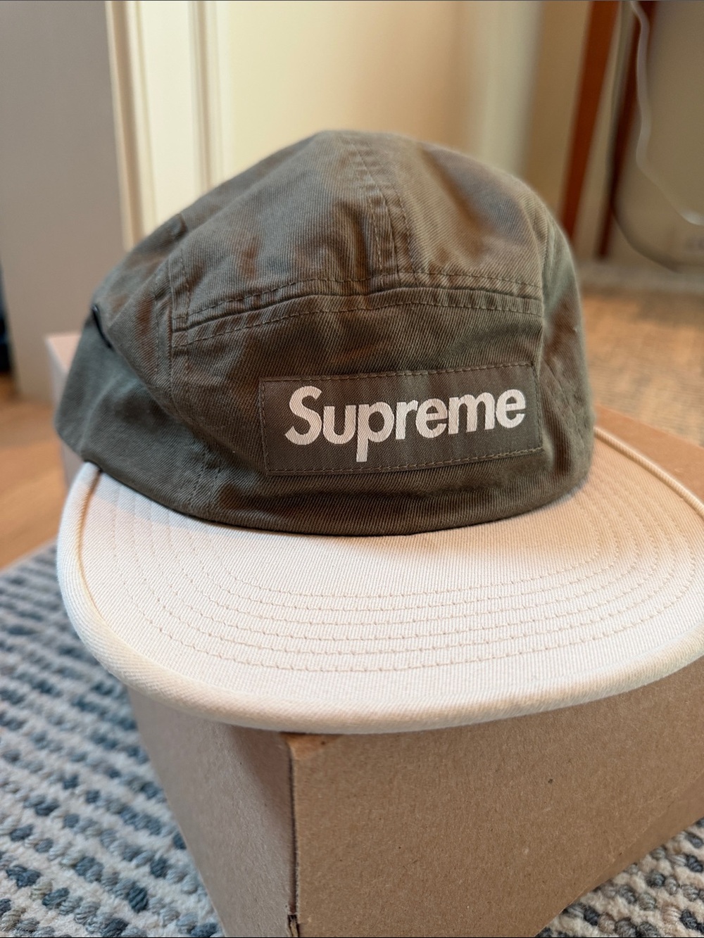 Supreme Olive Green and Beige 5-Panel Cap with White Logo